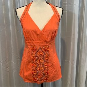 Summer top. Orange w/ beads & embroidered design.